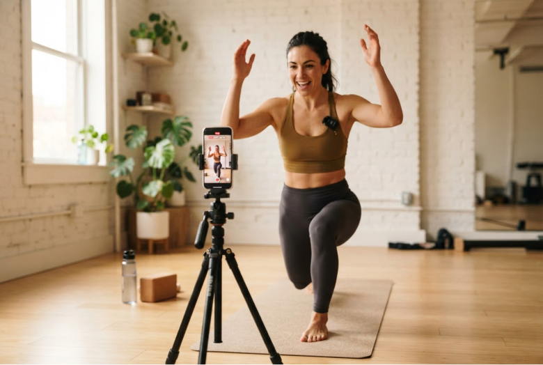 A fitness coach filming a workout on her phone