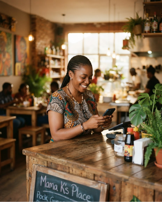 Restaurant owner checking her phone at the pass, evening service