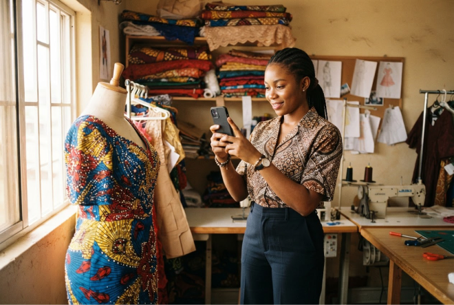 A designer photographing her fabrics in her studio
